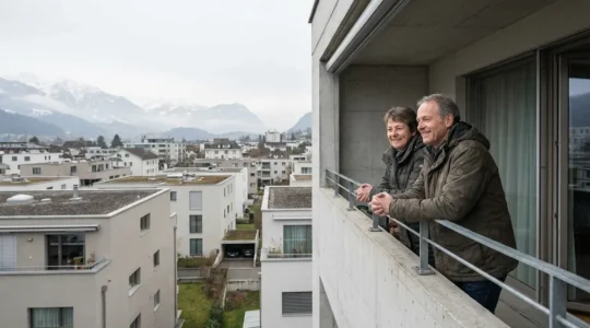 Couple suisse observant quartier résidentiel depuis leur balcon, évolution prix immobilier