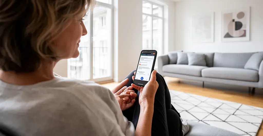 Femme suisse consultant estimation immobilière sur smartphone dans salon moderne