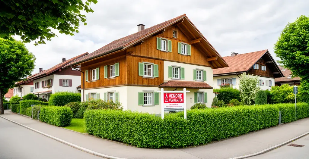 Panneau à vendre devant maison suisse traditionnelle, marché immobilier