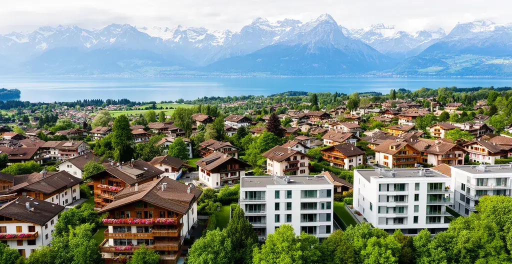 Vue aérienne quartier résidentiel suisse avec chalets et immeubles, prix immobilier cantonal