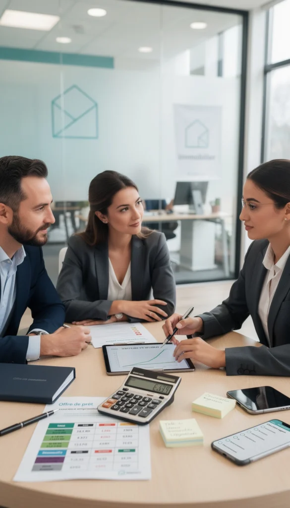une banquière et un couple sont en pleine négociation pour un crédit immobilier
