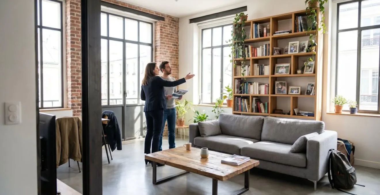 Agent immobilier présentant un appartement à des acheteurs potentiels pendant qu'il est encore occupé par un locataire, avec mobilier et affaires personnelles visibles