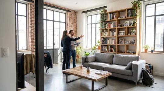 Agent immobilier présentant un appartement à des acheteurs potentiels pendant qu'il est encore occupé par un locataire, avec mobilier et affaires personnelles visibles