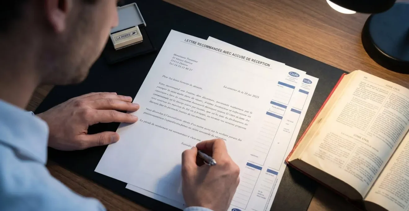 Documents officiels français pour congé pour vente : lettre recommandée, formulaires administratifs et Code civil ouvert