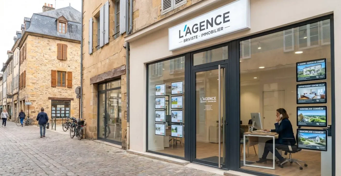 Façade d'agence immobilière moderne dans le centre de Brive-la-Gaillarde avec conseillère travaillant à l'intérieur
