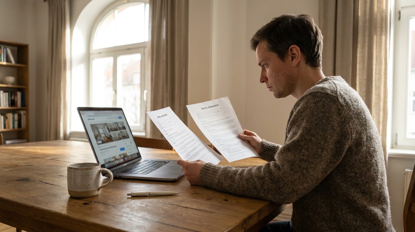 Des mains comparent deux documents de location posés sur une table en bois, à côté d'un smartphone et de lunettes de lecture.