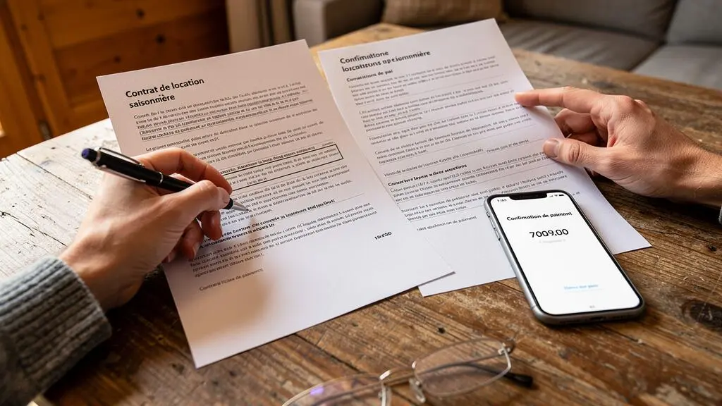Des mains comparent deux documents de location posés sur une table en bois, à côté d'un smartphone et de lunettes de lecture.