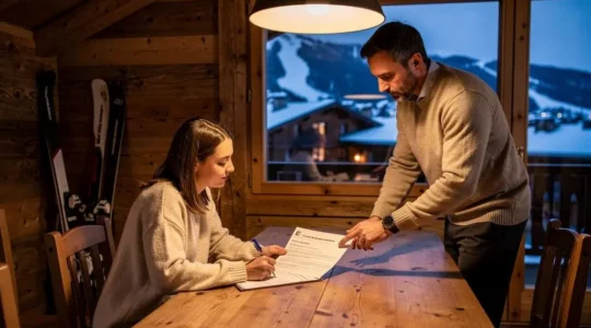 Une vacancière signe un contrat de location saisonnière à la table d'un appartement de chalet, un agent locatif lui indiquant une clause du document, avec les pistes enneigées visibles par la fenêtre.