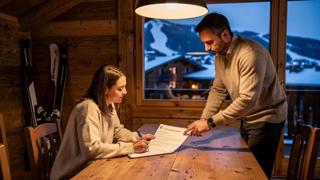 Une vacancière signe un contrat de location saisonnière à la table d'un appartement de chalet, un agent locatif lui indiquant une clause du document, avec les pistes enneigées visibles par la fenêtre.
