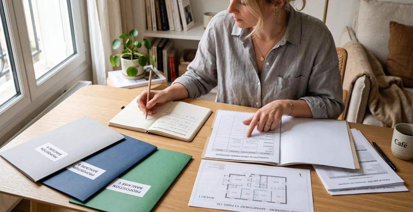 Dossier de prêt immobilier et plusieurs propositions bancaires anonymisées examinés sur une table